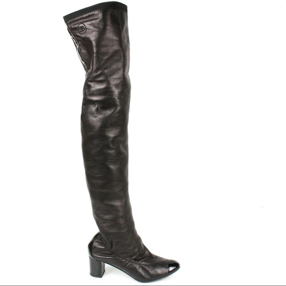 CHANEL • CC Lambskin Leather Thigh-High Heel Boots - Picture 2 of 16